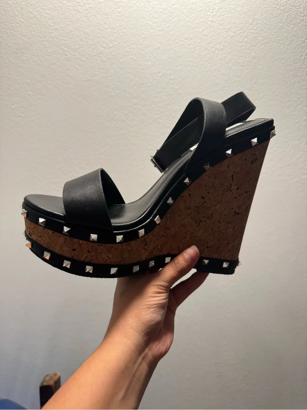 Steve Madden Black Cork Wedge Sandals with Silver Studs